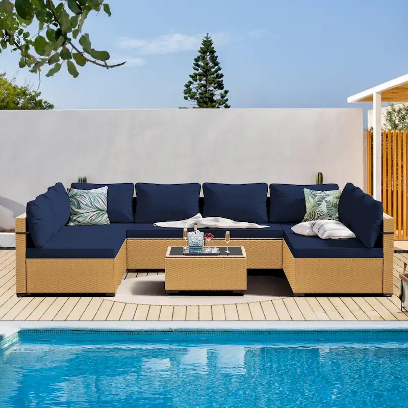 Patio Watcher Patio Conversation Set 9-Piece Yellow Wicker Sectional Seating Group with Cusions