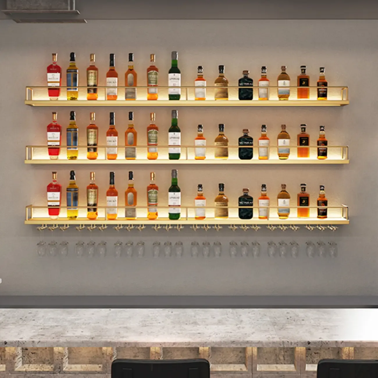 Wall-Mounted LED light Metal Open Wine Rack with Hook and Shelf