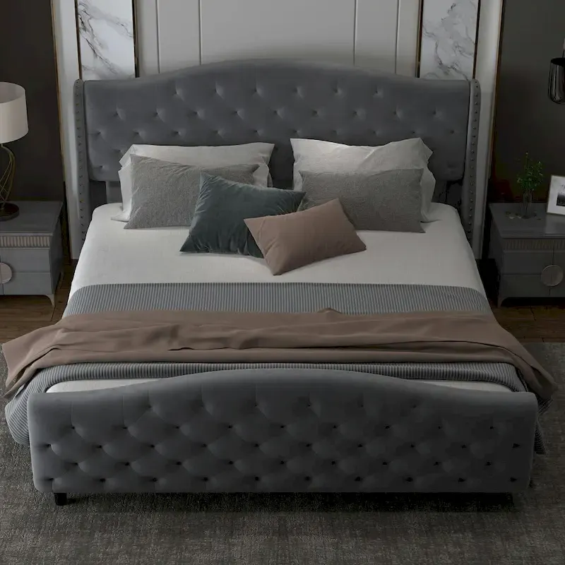 Velvet Upholstered Bed Frame with Wingback Headboard and Footboard