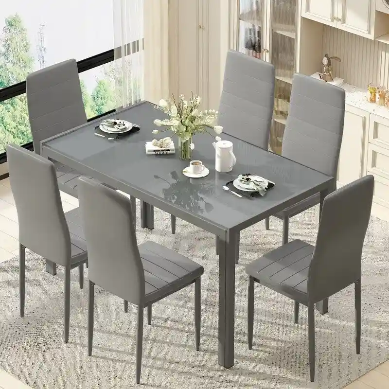 Modern Style 7-Piece Dining Table with Tempered Glass Top and PU Leather Chairs