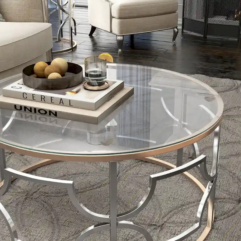 Modern Style Chrome and Gold Round Open Coffee Table