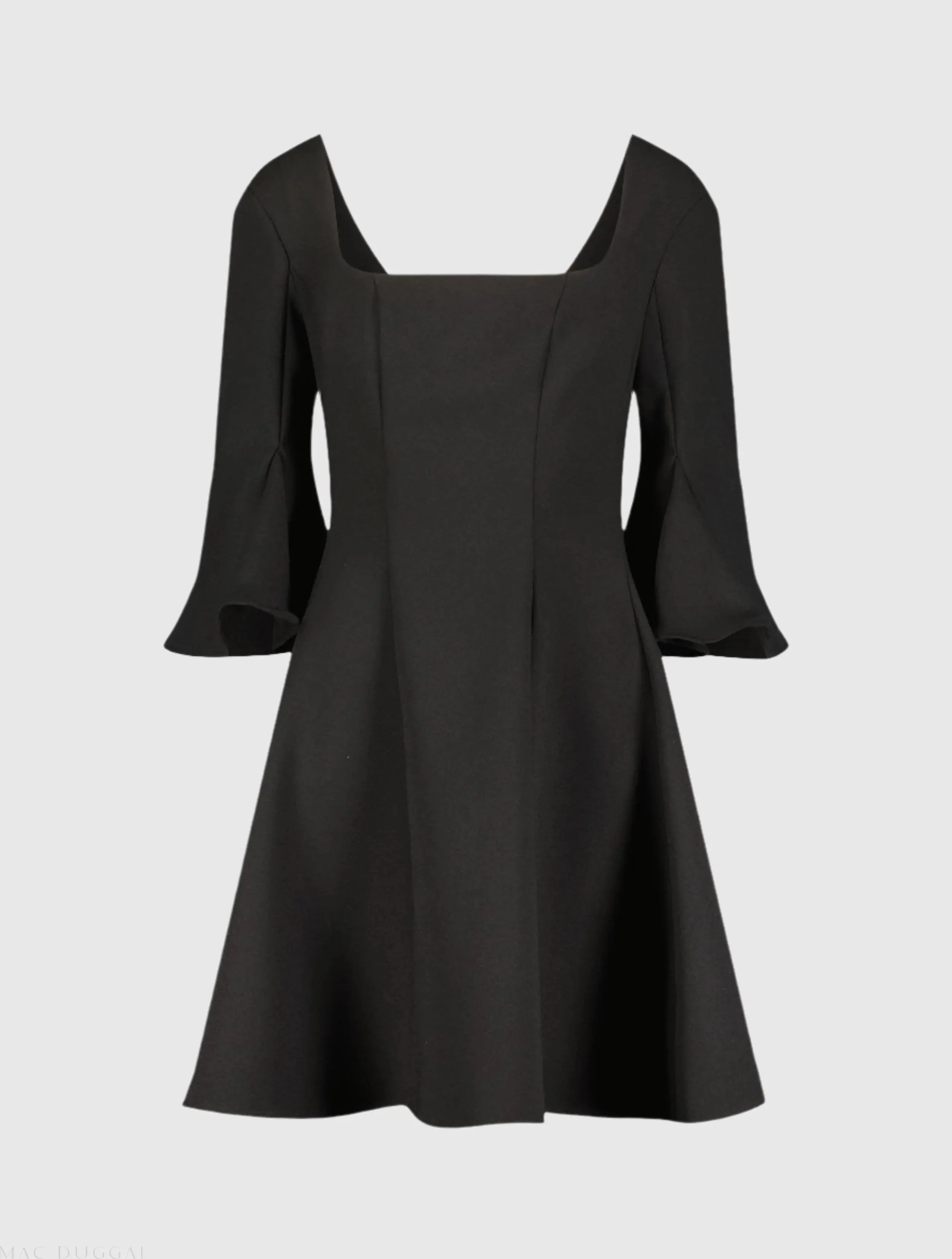 Black Crepe Square Neck 3/4 Sleeve Godet Mini Dress