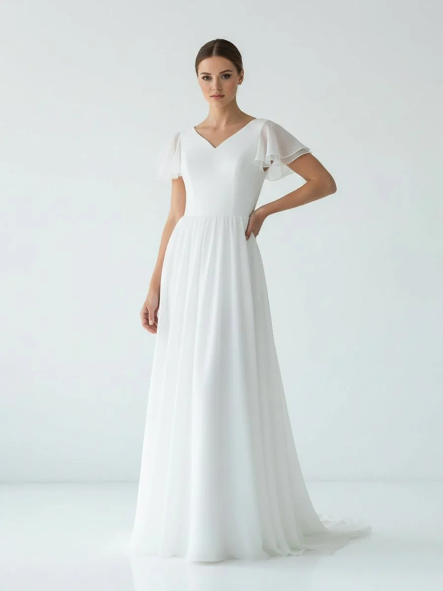 A Line V-neck Chiffon Floor-length Brush Train Short Sleeve Wedding Dress with Ruffles