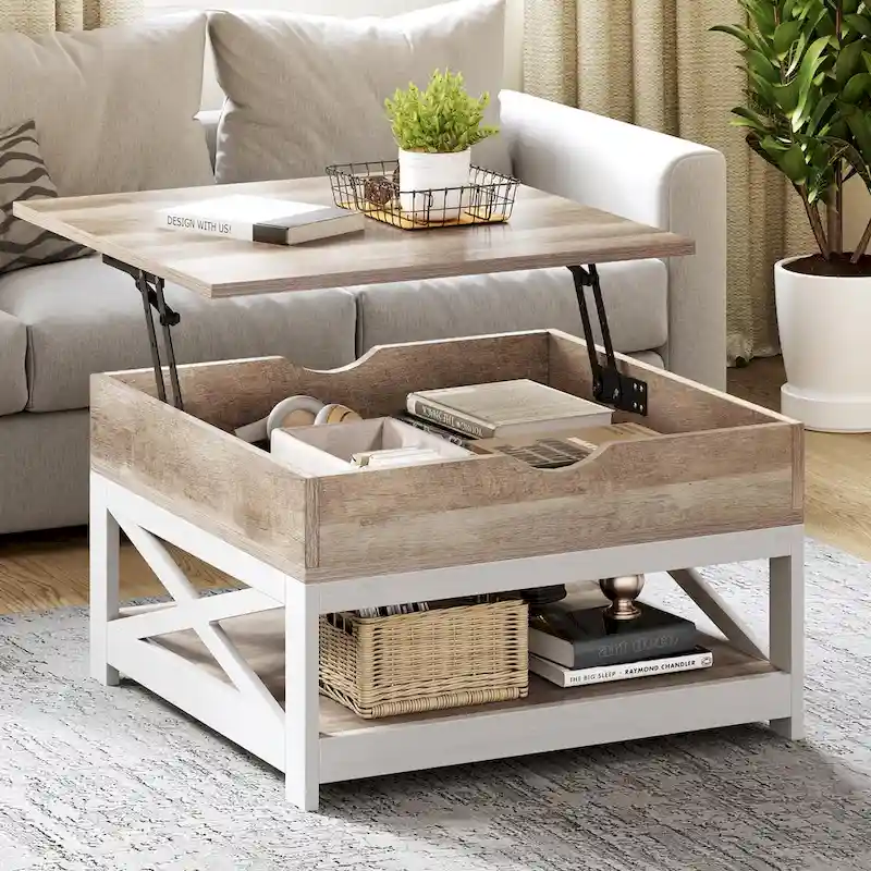 Lift Top Square Coffee Table, Grey Wash/Brown, Farmhouse Style, Seats 2–4
