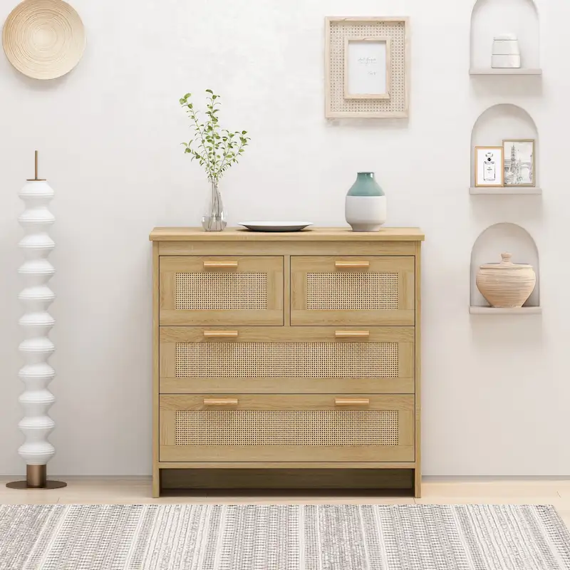 4-Drawer Natural Rattan Storage Cabinet with Wood Legs – 31.5W x 15.75D x 31.5H