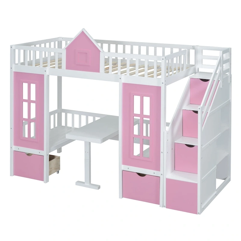 Twin-Over-Twin Bunk Bed with Changeable Table, Bunk Bed Turn into Upper Bed and Down Desk -Gray