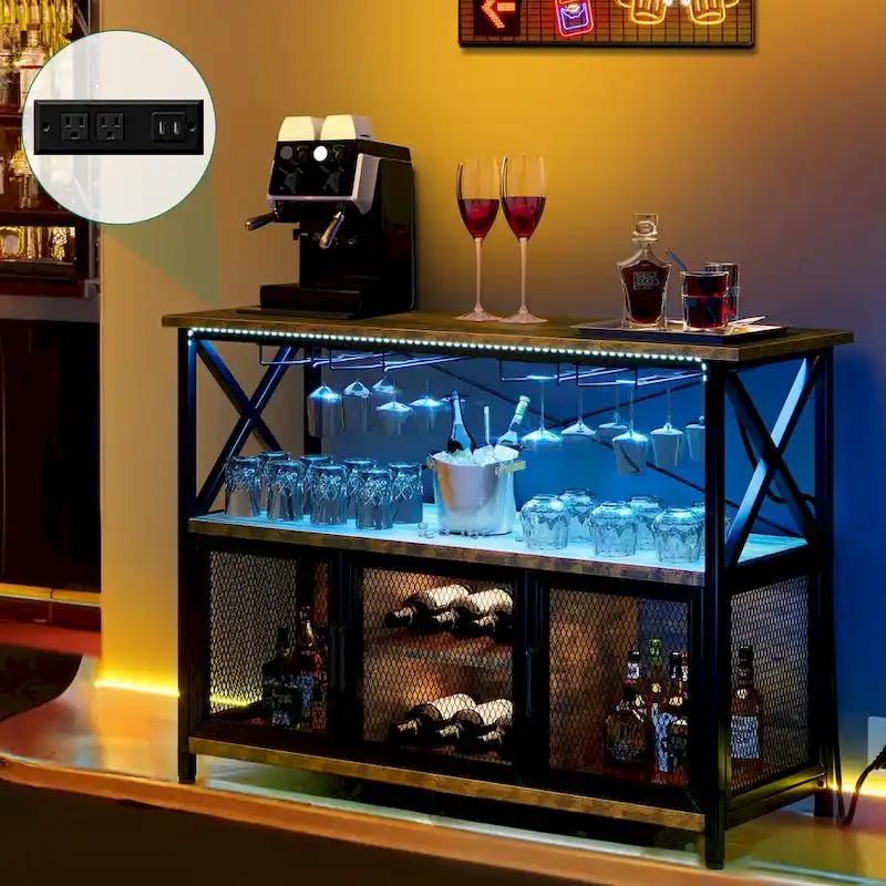 47 Wine Bar Cabinet with LED Lights Power Outlets Industrial Coffee Bar Cabinet - 47.2L x 15.7W x 33.4H