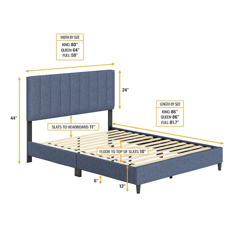 Blue / Grey / Beige Linen Upholstered Platform Bed Frame with Adjustable Headboard – 1 or 2 Person