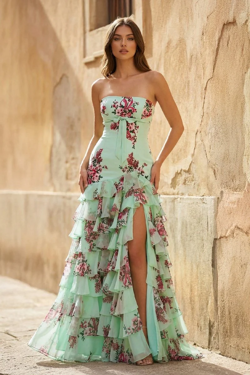 Sage Strapless Sheath Floral Chiffon Ruffles Long Formal Prom Dresses With Bow