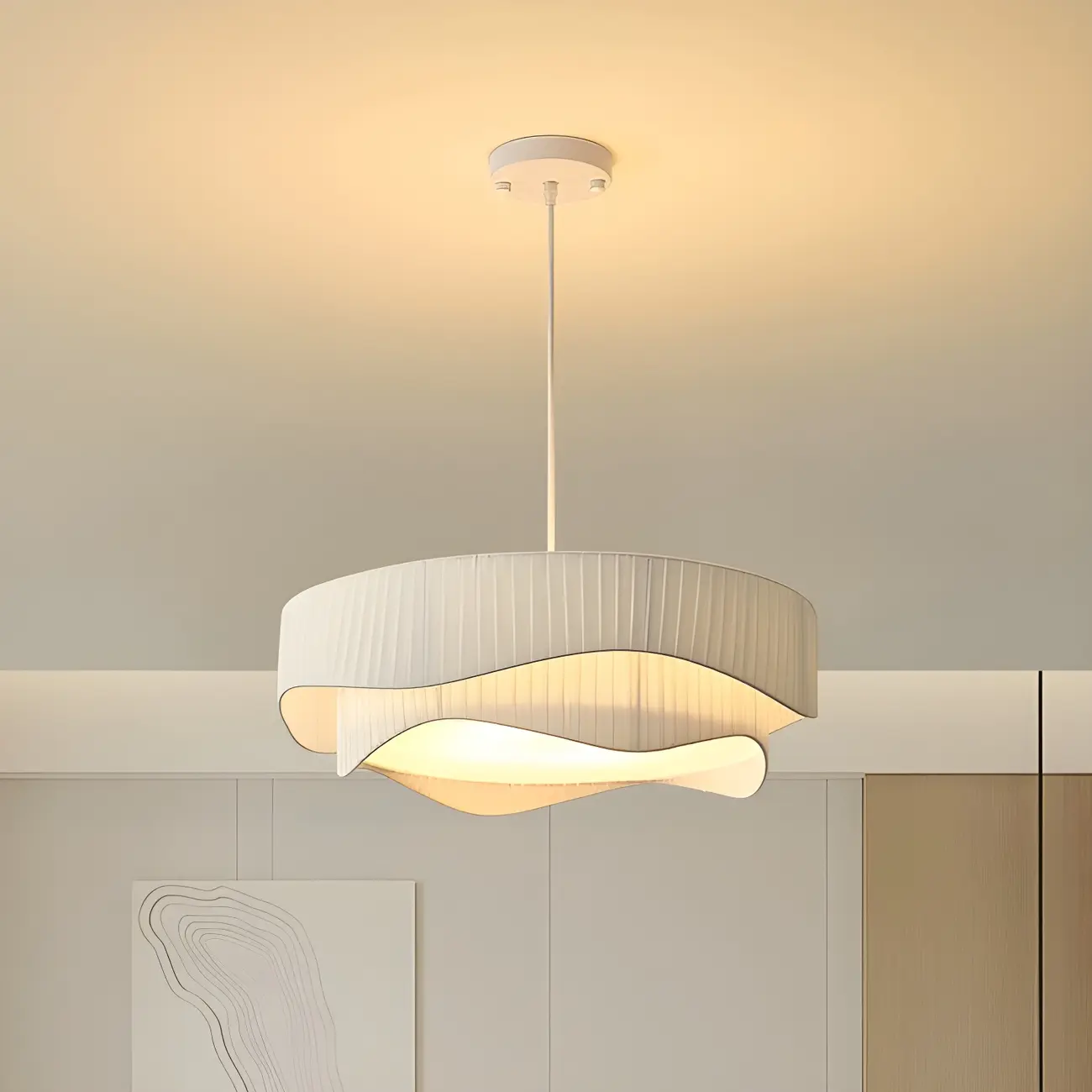 Modern White Tier Fabric Drum Chandelier with Adjustable Height