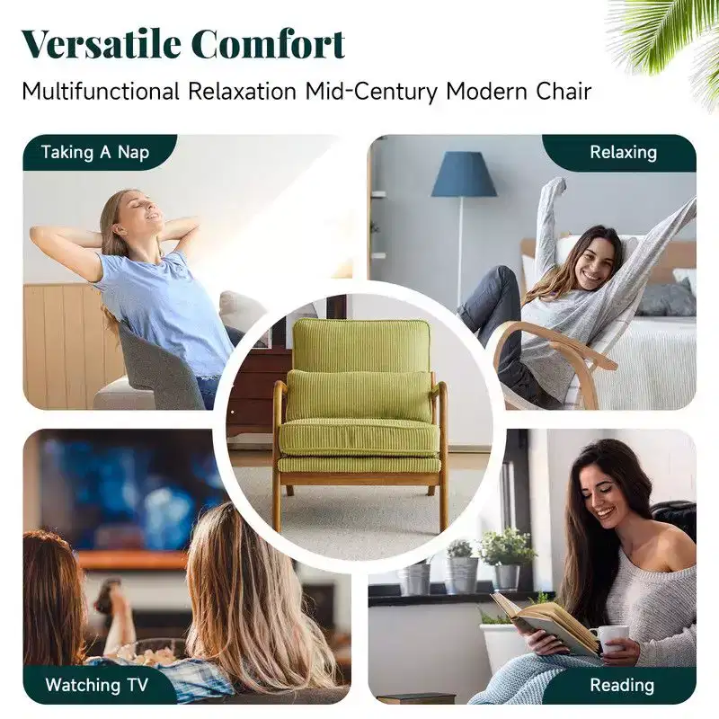 Karl Home 2Pcs Mid Century Solid Wood Accent Chair Upholstered Armchair with an Extra Pillow