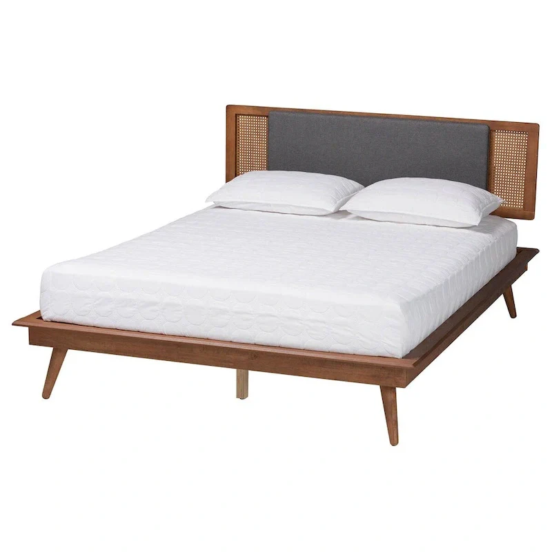 Mid-Century Modern Dark Grey Fabric and Walnut Brown Finished Wood Platform Bed