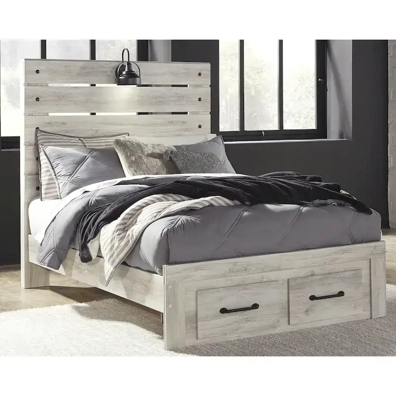 Cambeck Whitewashed Panel Bed w/ 2 Footboard Storage Drawers