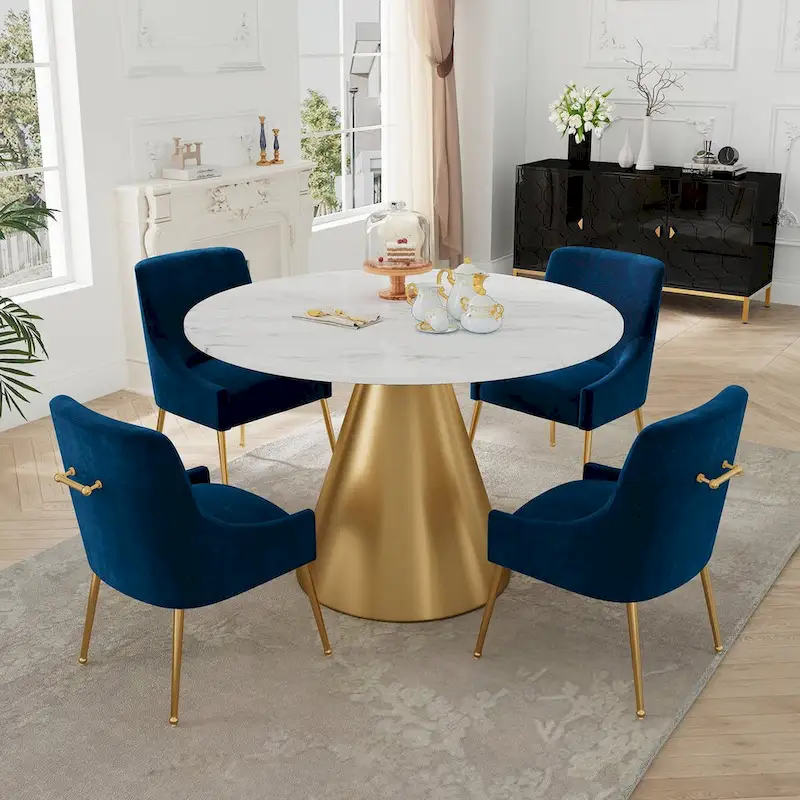 48 Marble Top Metal Dining Table with Velvet Dining Chair Set