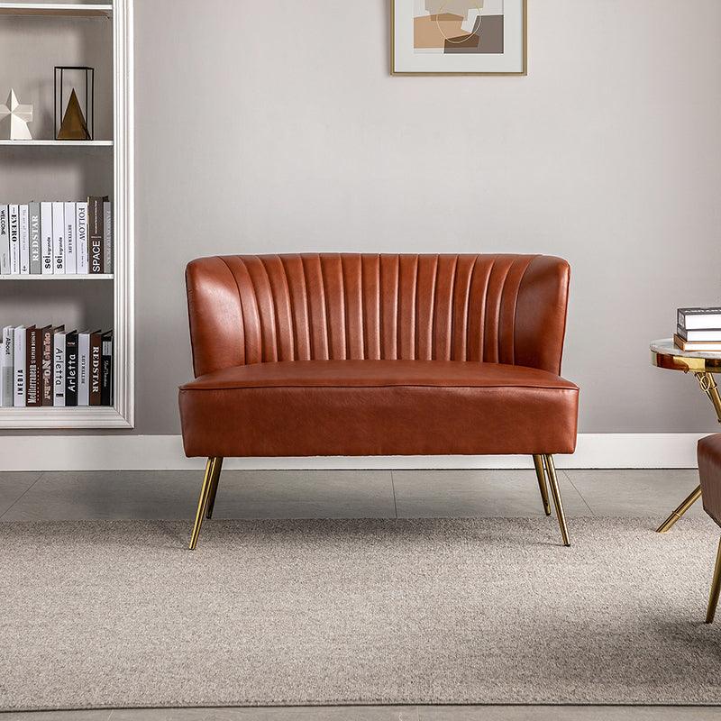 Vegan Leather Tufted Wingback Loveseat with Foam & Spring Fill, Armless & Gold Metal Legs | Black / Camel / Brown / Turquoise | 2-Seater