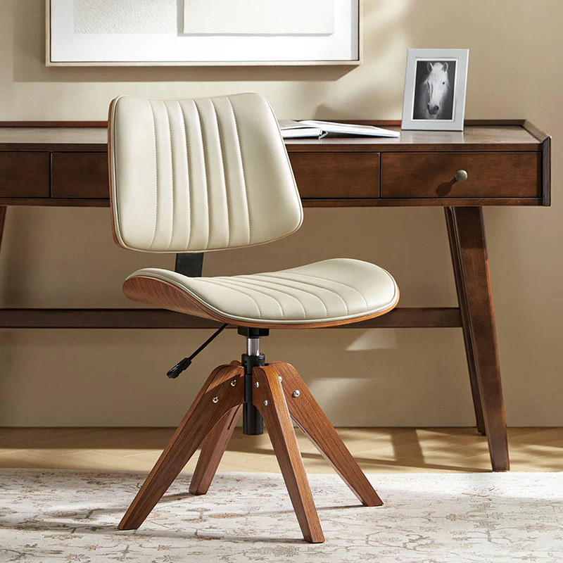 Mid-Century Channel-Tufted Office Chair with Curved Wood Frame & 360° Swivel | Black / Ivory | Single Seat