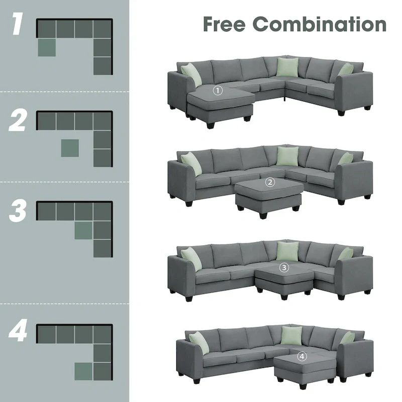 112-inch L-shaped 7-seat Modular Sectional Sofa with Ottoman and Three Pillows - 112W x 87D x 33H