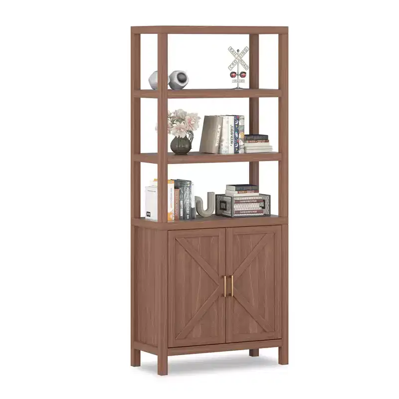 Mid-Century 71 Inch Tall Bookshelf with Adjustable Shelf, Bookcase with 2 Doors,Freestanding Display Cabinet for Living , Home Office, Bedroom, Oak