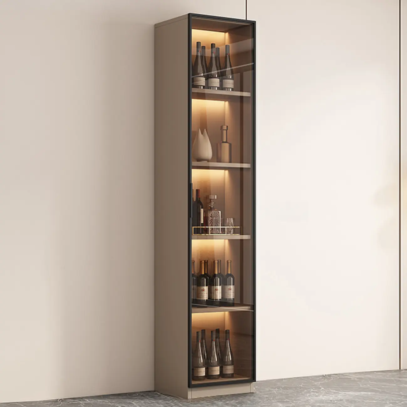 Tall Narrow Black Wood Display Cabinet with Light
