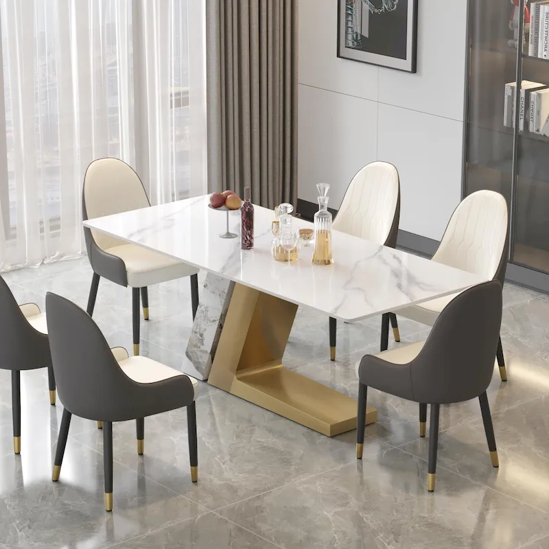 Modern Slate Kitchen Dining Table with White Rectangle Sintered Stone Top and Metal Legs -- 63/71/79