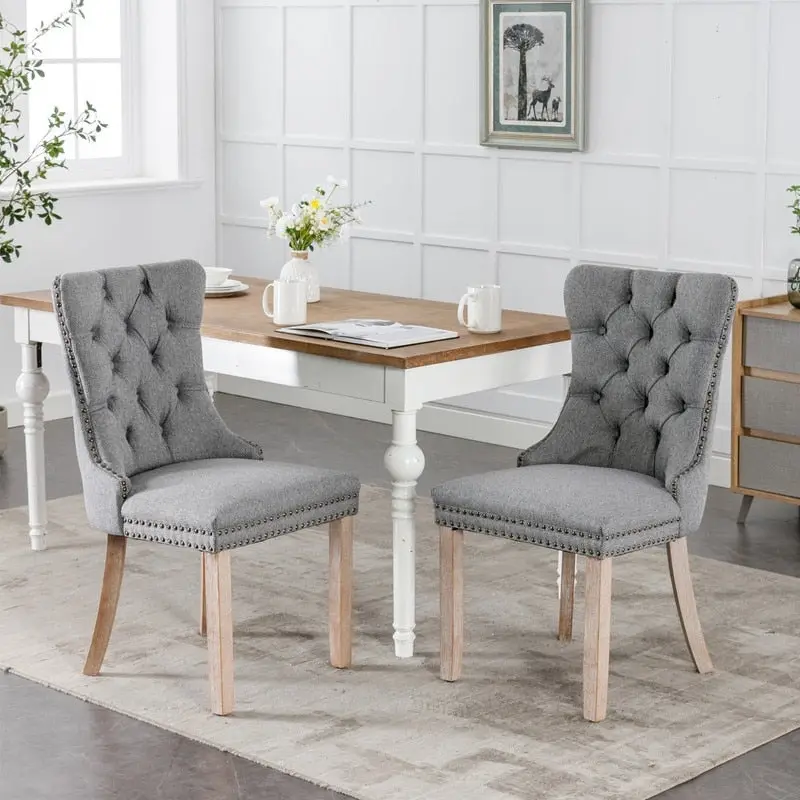 Tufted Upholstered Linen Dining Chair with Solid Wood Legs, Set of 2