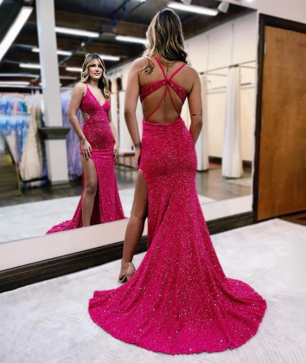 Glitter Red Mermaid V Neck Cut Out Prom Dress with Slit