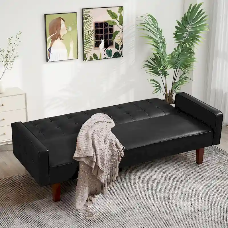 74.4 L Faux Leather Full Handcrafted Button Tufted Sofa 3-Seat, Convertible Sleeper Couch Adjustable Backrest