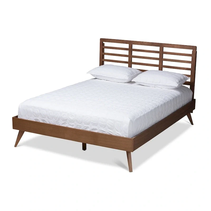 Walnut Rubberwood Mid-Century Modern Platform Bed – Full / Queen / King, Sleeps 1–2