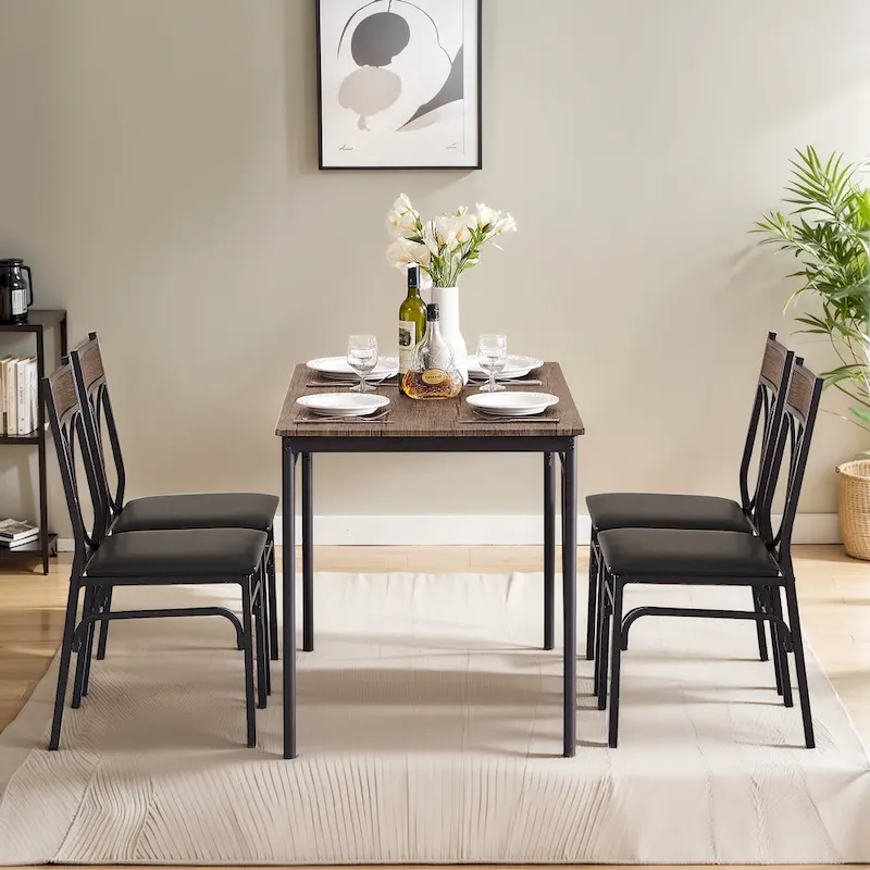 5-Piece Dining Table Set with 4 Upholstered Chairs, Brown