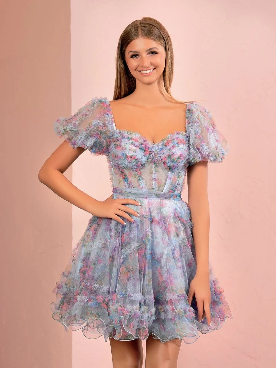 Sky Blue A Line Off the Shoulder Printed Homecoming Dress