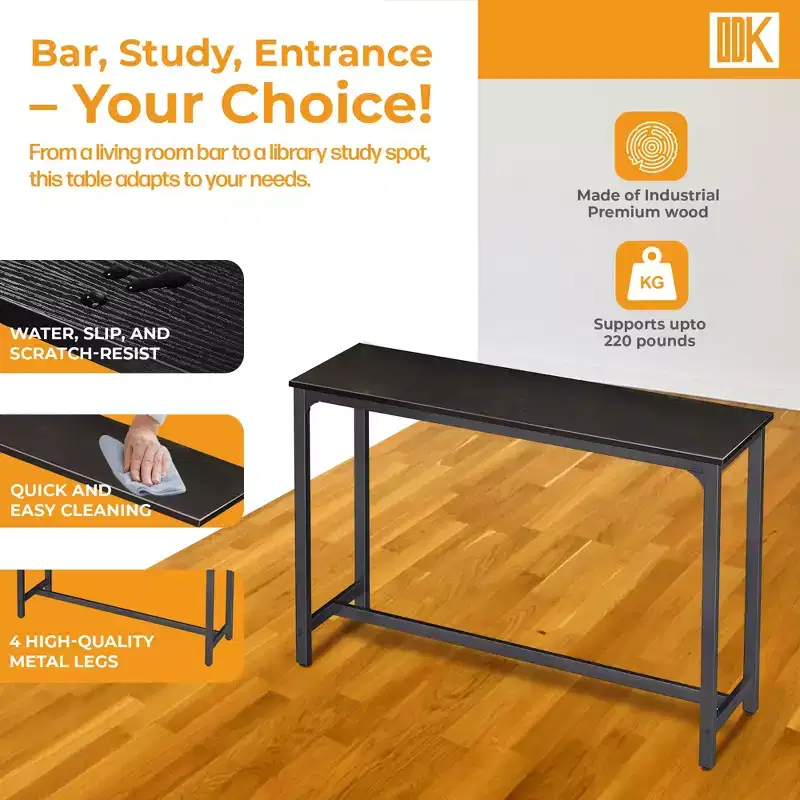 ODK 55 Inch Rectangular Modern Bar Height Narrow Pub, Kitchen, and Dining Table with Metal Legs, Easy to Clean Top, and Fast Assembly, Black