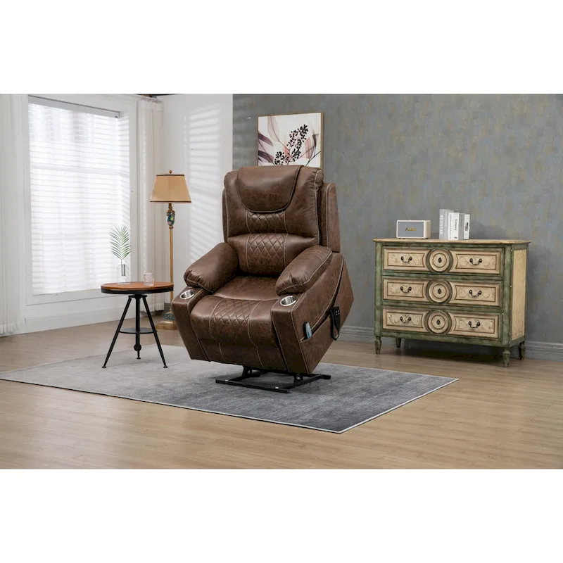 Brown PU Leather Power Lift Recliner with Massage and Heating - 400 lbs Capacity