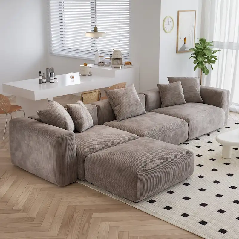 L Shaped Modern Sectional Couch Sofa with 5 Pillows and Chaise Ottoman, Cushion Covers Removable