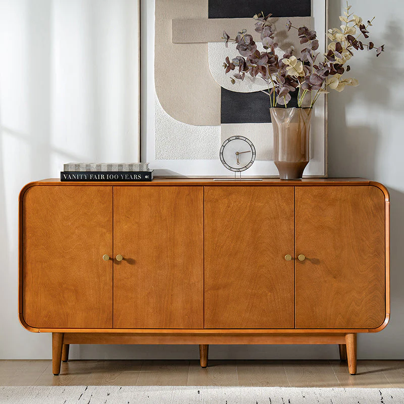 4-Door Sideboard with Curved Design, Round Metal Handles, Adjustable Shelves & Cable Management | Brown / Acorn | Single