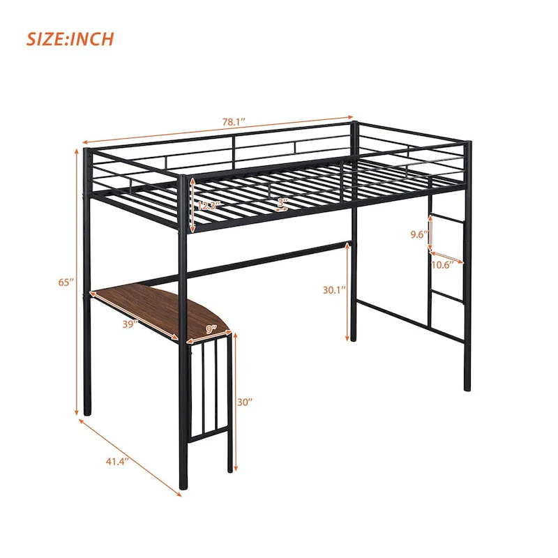 Twin Metal Loft Bed with Desk, Ladder and Guardrails