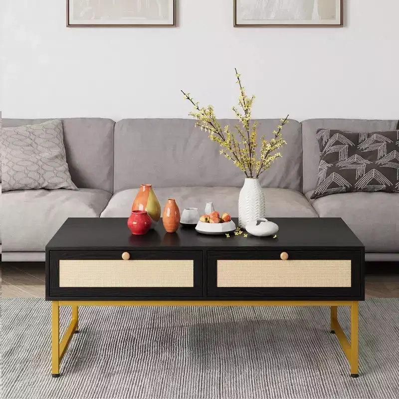 Rattan Coffee Table with 2 Drawer 45.6'' Wood Coffee Table with Storage Boho Dining Table Small Coffee Tables for Living Room