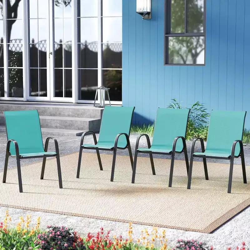 Costway Set of 4 Stackable Patio Chairs All Weather Resistant Breathable & Quick-Dry Fabric Outdoor Dining Chairs w/Armrests Turquoise Blue