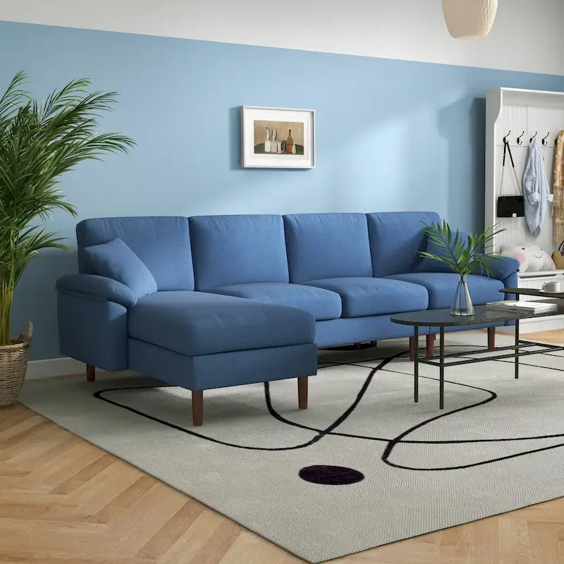 Blue/Grey L-Shaped Reversible Sectional Sofa with Chaise, Linen Fabric, Seats 3-4