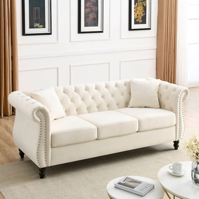 Velvet Upholstered 3 Seat Sofa,  Tufted Square Arm Sofa with Nailheads and Metal Legs