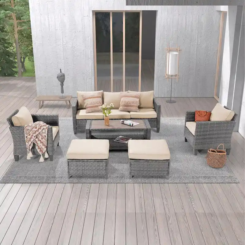 LIVOOSUN 6Pcs Patio Gray Rattan Outdoor Furniture Sofa Set with Coffee Table
