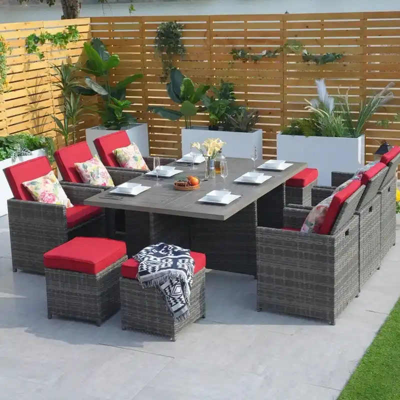 11-Piece Patio Wicker Aluminum Dining Table Set w/ Chairs and Ottomans