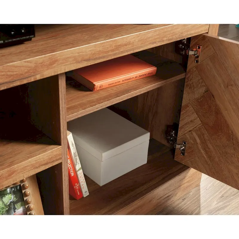 TV Credenza with Herringbone Doors & Adjustable Shelves – Mystic Oak / Sindoori Mango, Modern Style