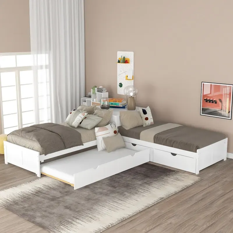 White Solid Wood Twin Size L-Shaped Bunk Bed with Trundle, Built-in Table & 2 Drawers – 3-Sleeper