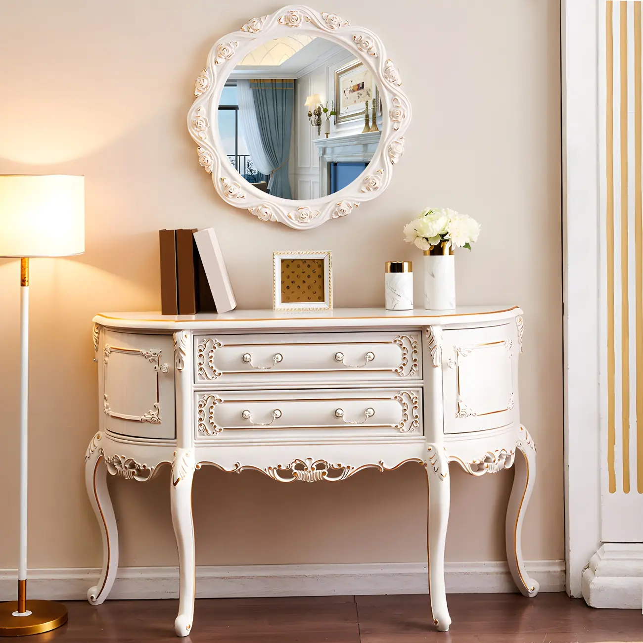 French White Wood Console Table with Drawers in Scratchproof