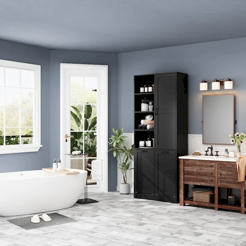 Sleek White Laundry Bathroom Cabinet with Unique Rotating Drawers