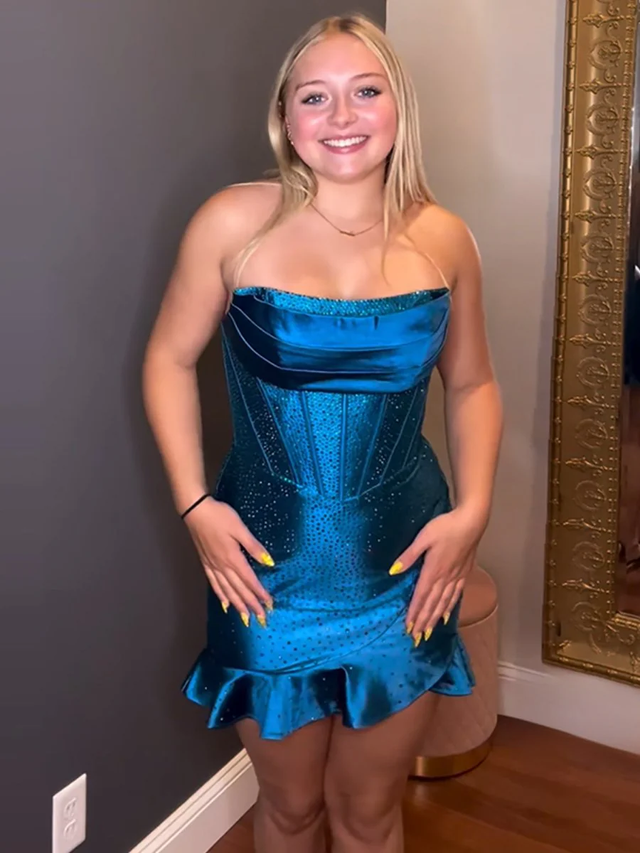 Royal Blue - Strapless Bodycon Satin Pleated Homecoming Dresses With Beading