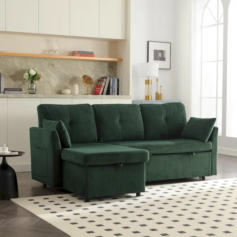 Green 81.1 L-Shaped 3 Seater Modular Sofa with Reversible Chaise Lounge and Storage, Plush Velvet Sleeper Sofa for Living Room