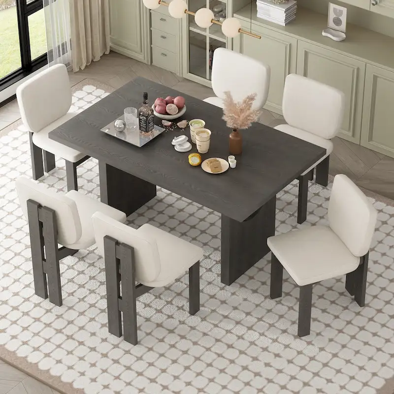 7-Piece Transitional Wooden Dining Set with Rectangular Table & 6 Chairs