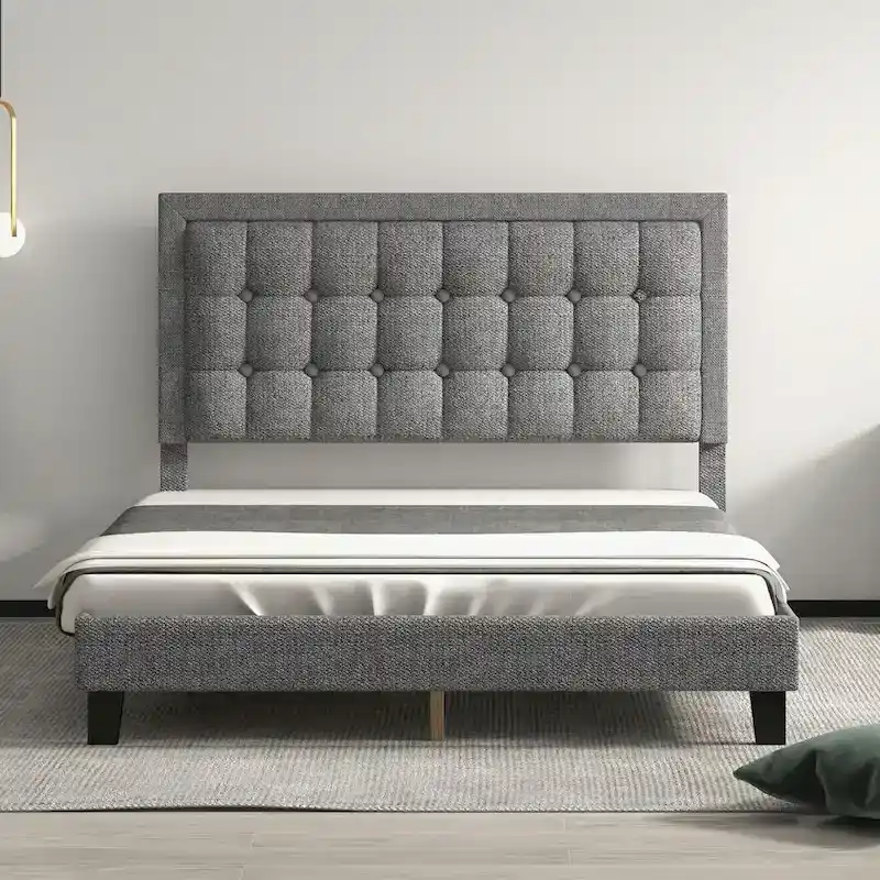 Upholstered Platform Bed Frame, Button Tufted Adjustable Headboard, Blue, Full / Queen / King, 2-Person Use