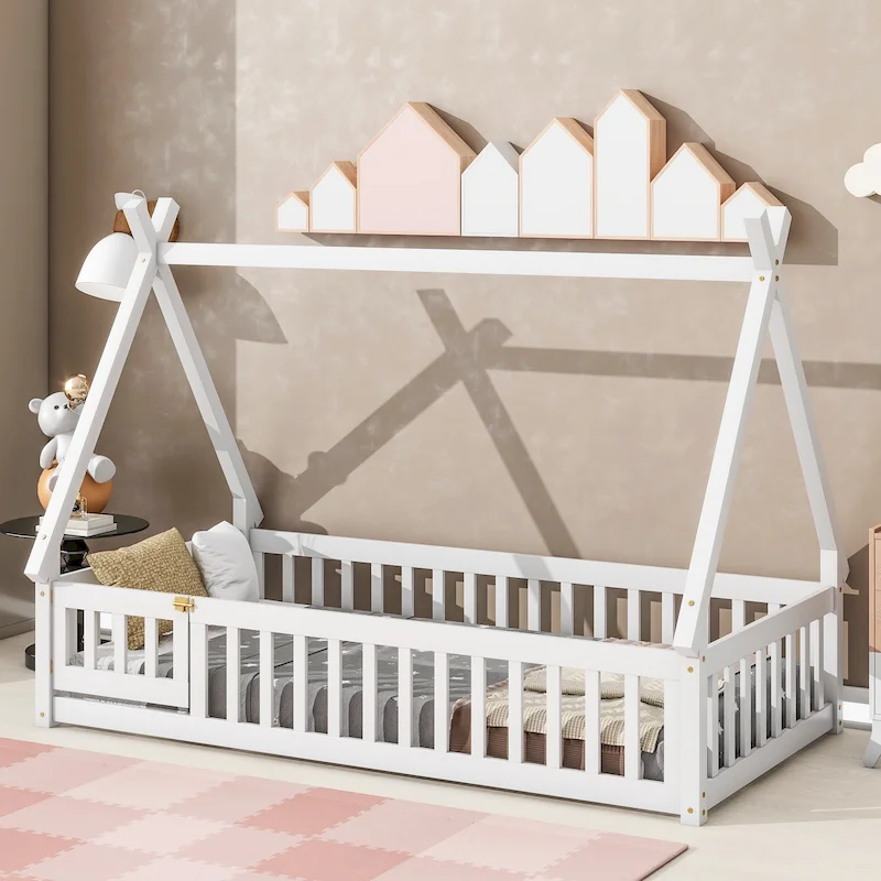 White / Grey / Natural Teepee Floor Bed with Guardrails, Slats & Door – Twin, 1 Person